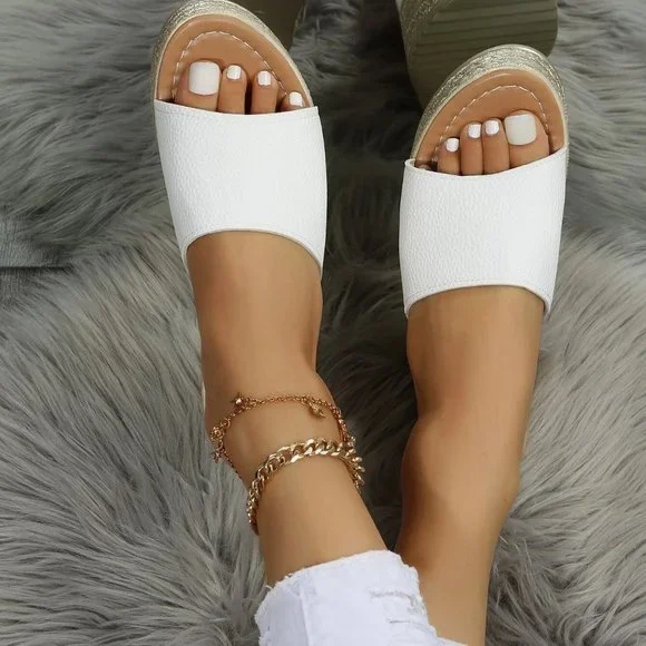 White Boho Women's Vacation Litchi Embossed Wedge Slide Sandals - Picture 3 of 5